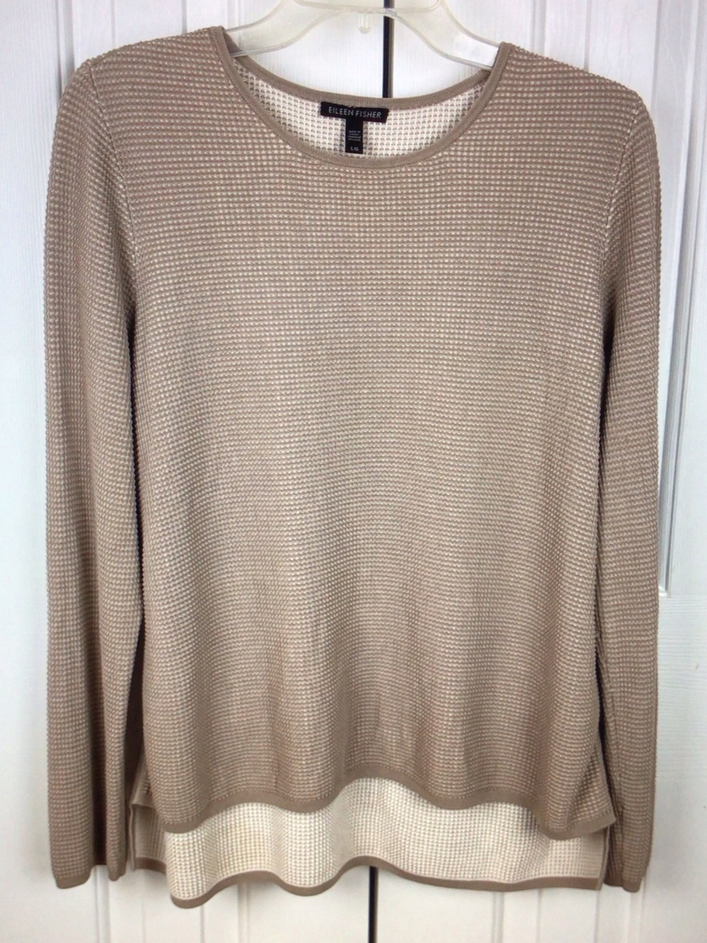 Eileen Fisher Taupe Layered Knit Scoop Neck Sweater